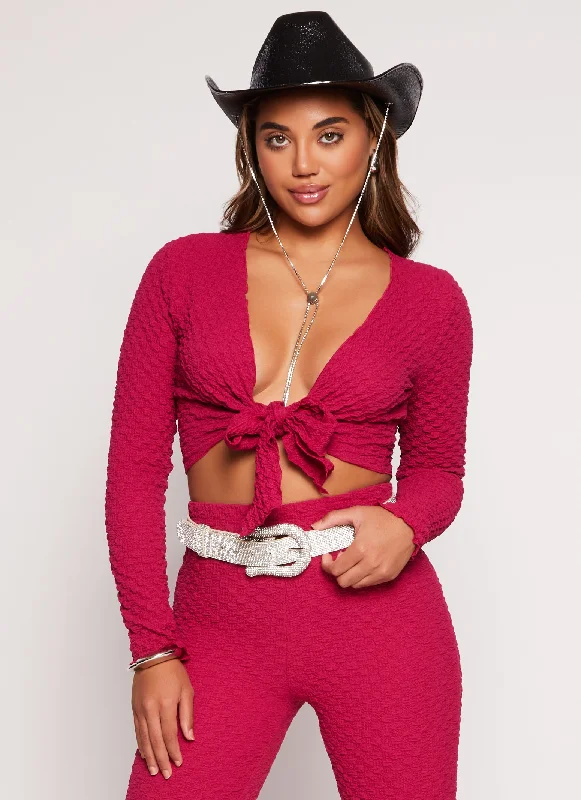 Textured Knit Long Sleeve Tie Front Crop Top