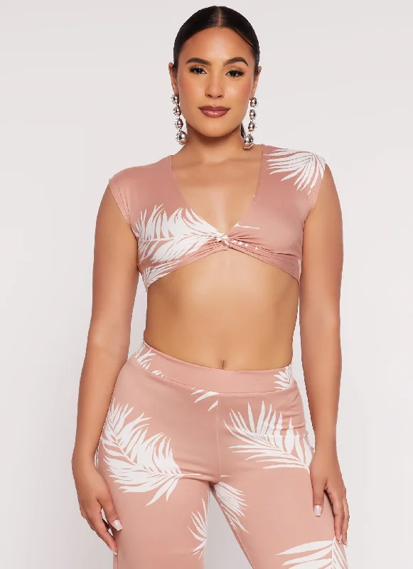 Palm Leaf Print Twist Front Crop Top