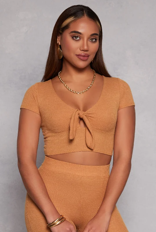 Waffle Knit Tie Front Crop Top