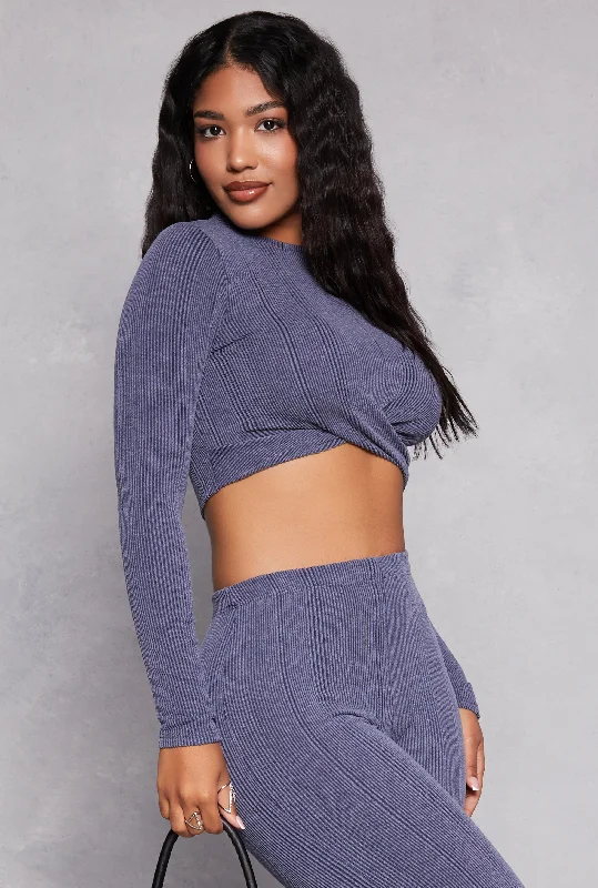 Ribbed Knit Twist Front Long Sleeve Crop Top