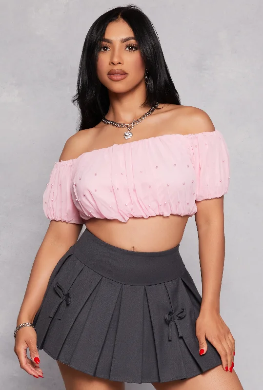 Beaded Mesh Off the Shoulder Crop Top