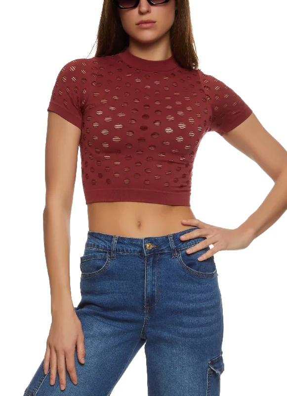 Seamless Mock Neck Cut Out Cropped Tee