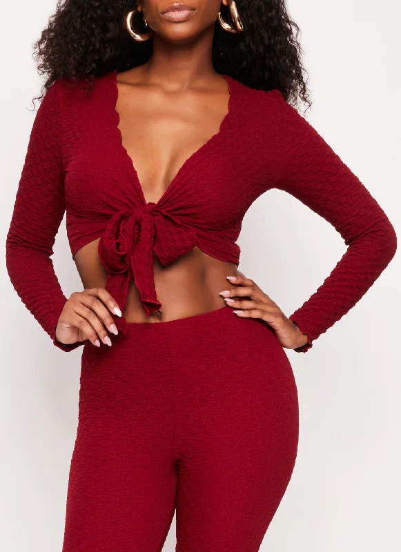 Textured Knit Long Sleeve Tie Front Crop Top