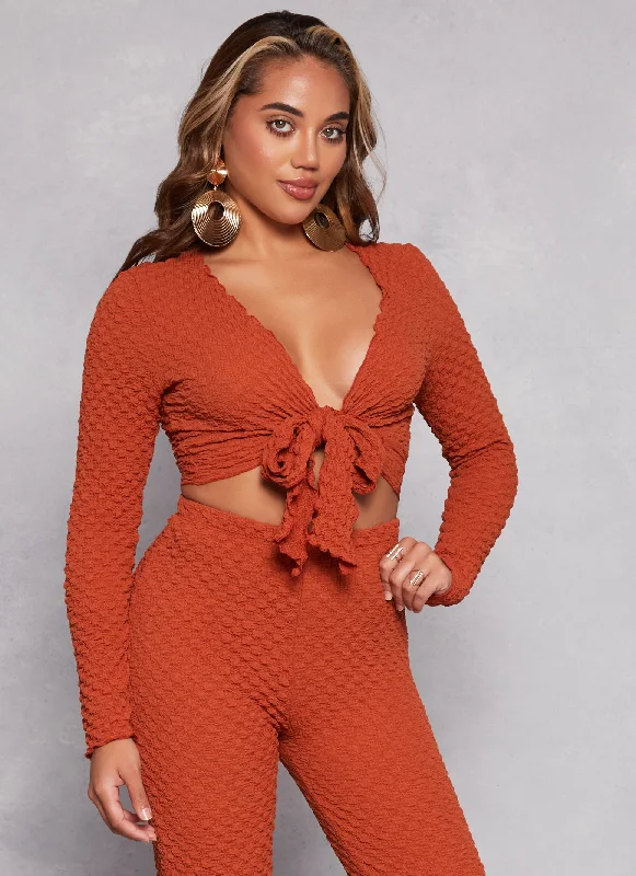 Textured Knit Long Sleeve Tie Front Crop Top