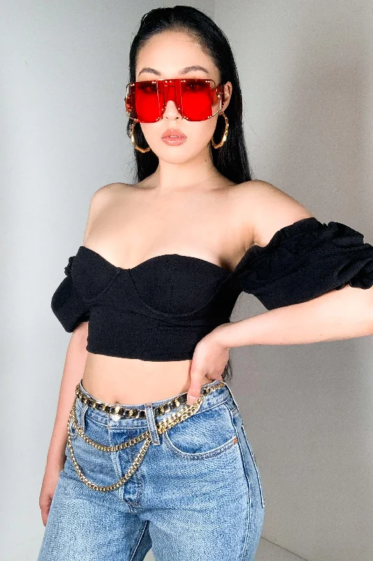 SWEETIE POPLIN SLEEVE CROP TOP BLACK