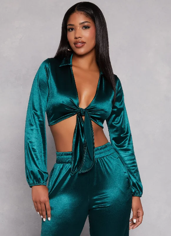 Satin Tie Front Long Sleeve Crop Top