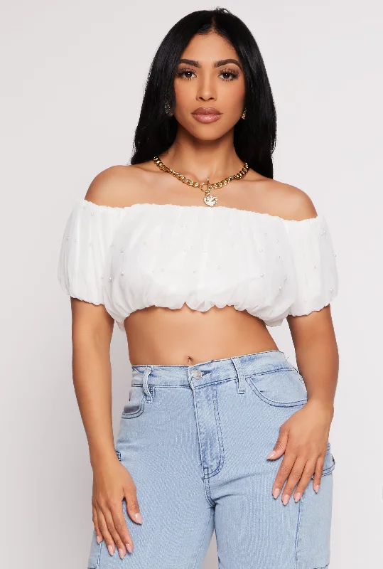 Beaded Mesh Off the Shoulder Crop Top