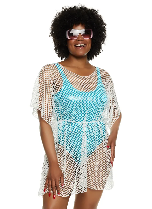 Fishnet Tie Waist Belted Cover Up Top